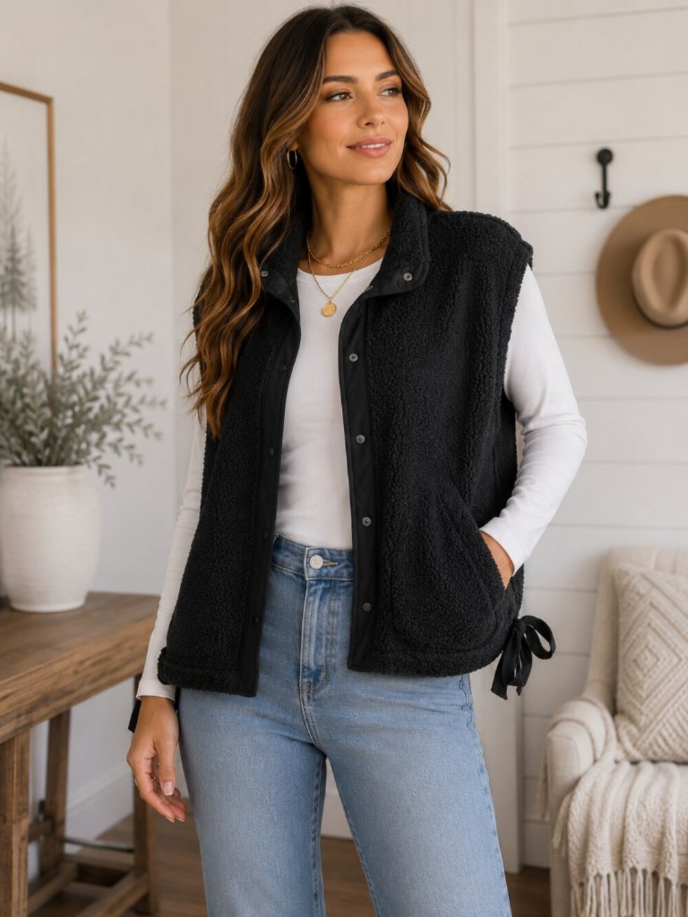 NWOT HYFVE Black Sherpa Fleece Snap Front Vest | Women's Size Large